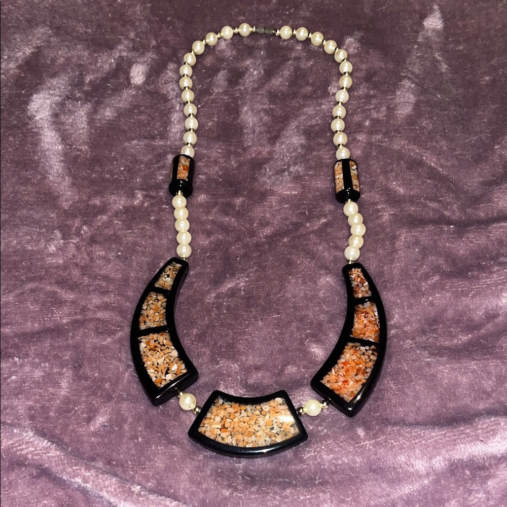 Black Frame Pearl Necklace with Orange shell or ResinqInlay